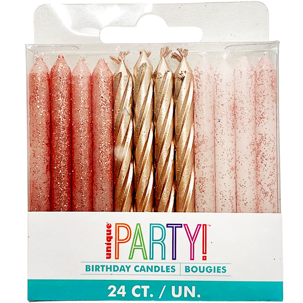 Unique Glitter and Rose Gold Spiral Candles 24 ct