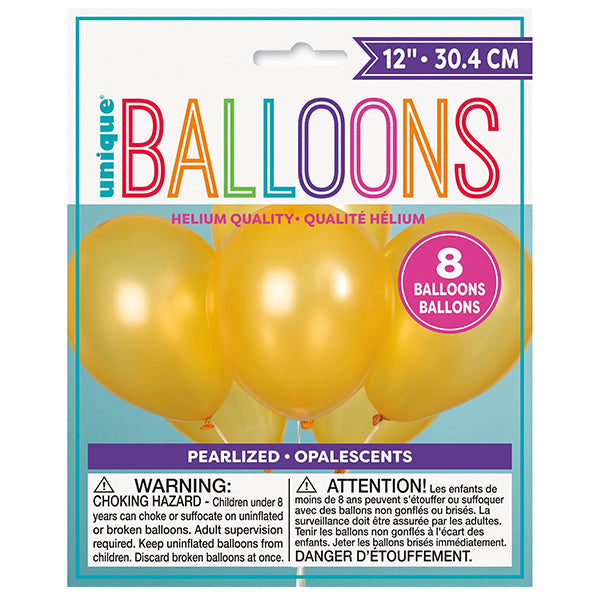 Unique 12IN Gold Pearlized Ballons 8-Pack
