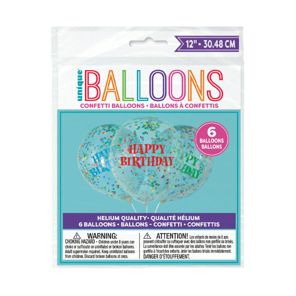 Unique Birthday Clear Latex Ballon W/bright Confetti 6 ct
