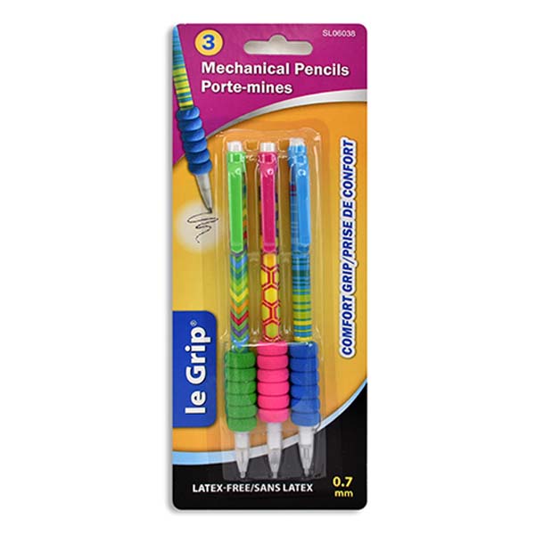 Le Grip 3 pc Fashion Mech Pencil 2HB Lead W/comfort W/earser