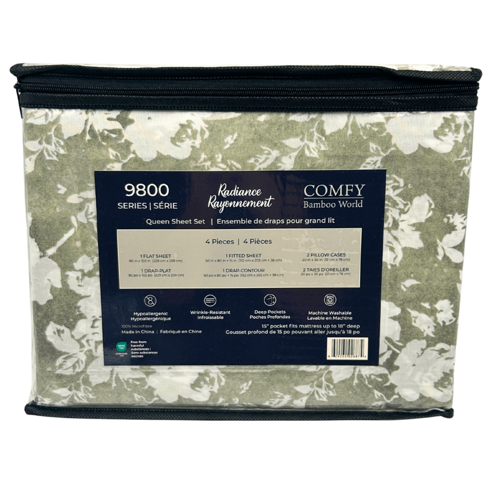 Comfy Bamboo World Queen Sheet Set 4 pcs - Sage Green Floral