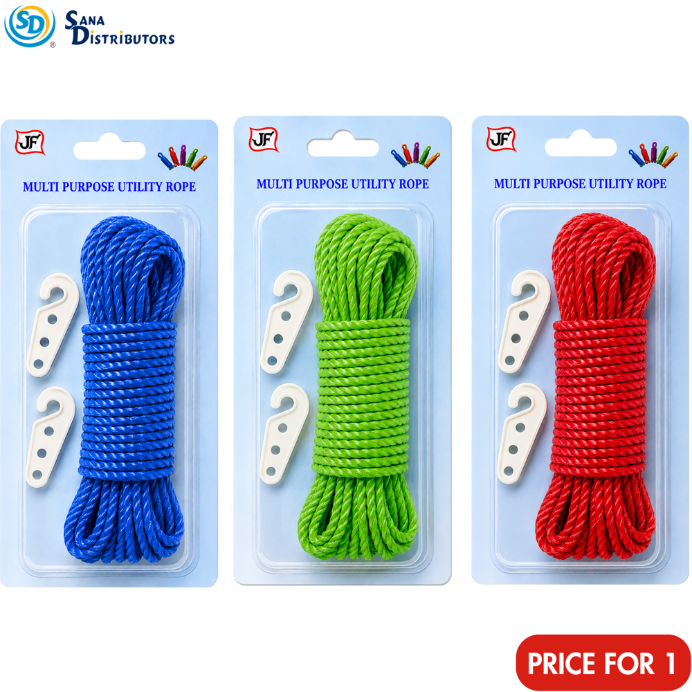 Nylon Rope 6 mm 15 m with Hooks - Assorted Colours
