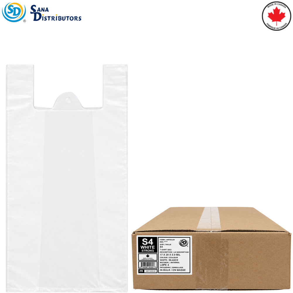 SD S-4 Plastic Shopping Bags White 17" X 20" Made in Canada