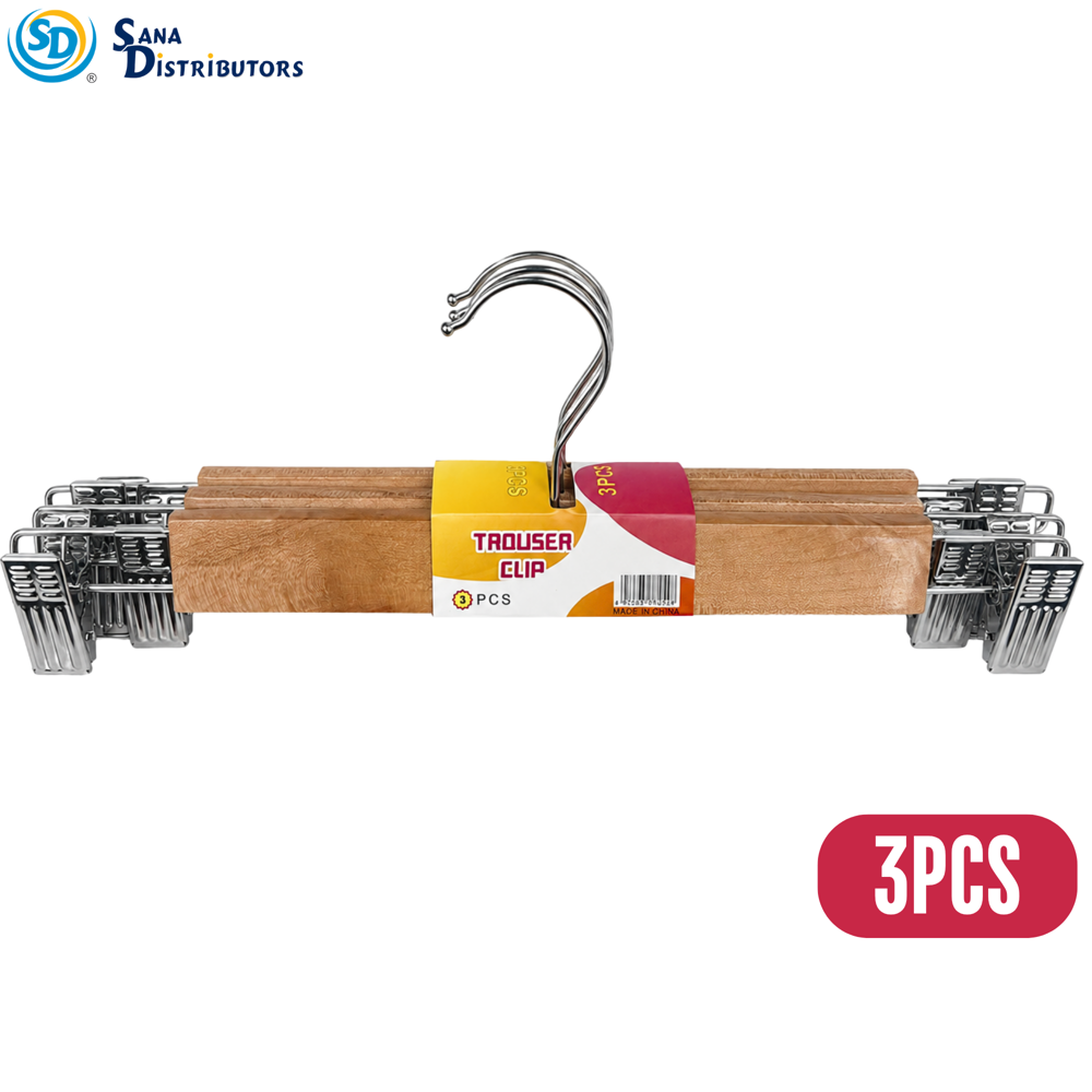 Wooden Clothes Hanger W/ Metal Clip 3 pcs 13"