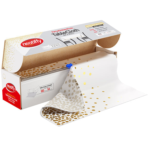 Neatiffy Wht-gld Dot Tablecloth 54INx100FT 1ROLL