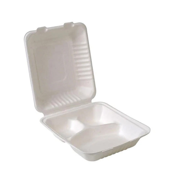 Newwave 9IN Compostable Bagasse 3 Compartment Hinged 50 ct
