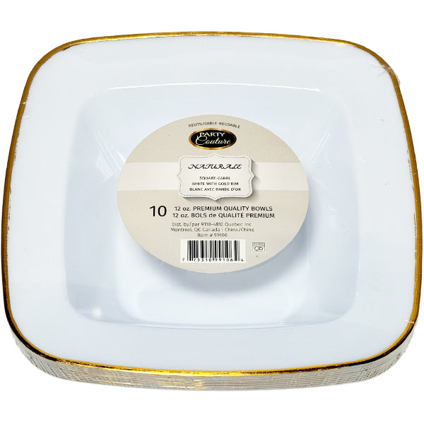 Naturale 12 oz White Square Soupbowl w/ Gold Rim 10-Pack