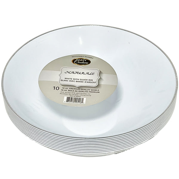 Naturale 16 oz White Soup Bowls w/ Silver Rim 10-Pack