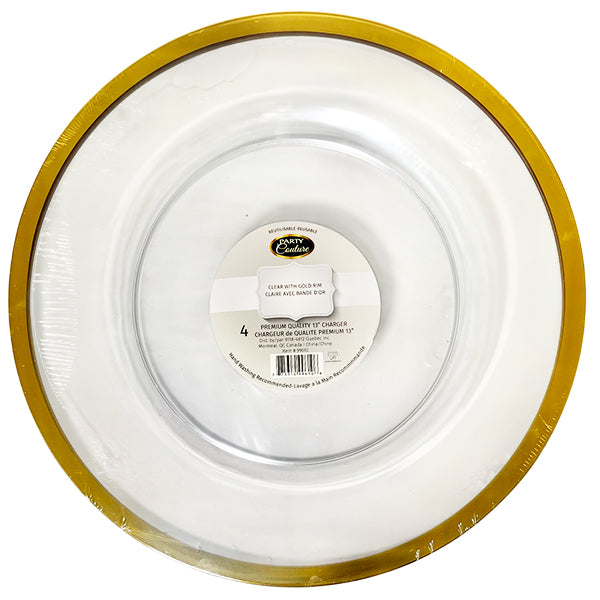 Party Couture 13IN Clear Charger Plate with Gold Band 4-Pack