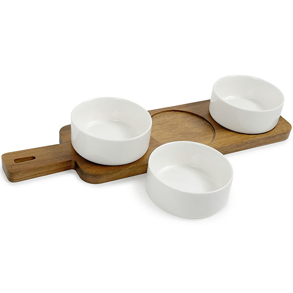 Safdie Serving Set Porcelaine Nibble Bowl on Acacia Wood Tray 4-Pack