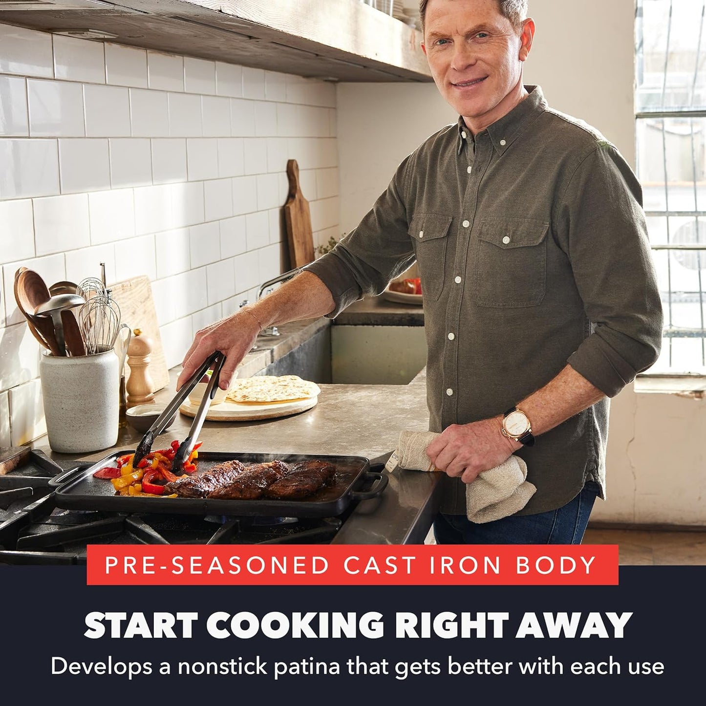 GreenPan x Bobby Flay,Cast Iron Pre-Seasoned 16.75 x 11.4” Reversible Double Burner Griddle, Rectangular Grill, Black