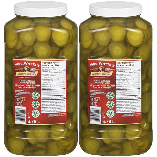 Mrs Whyte Pickles Kosher Dill Hamburger Slice 2x3.78 L