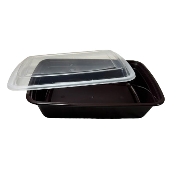 E2E 38 oz Deep Rectangular Container Brown Base Clear Lid 150 ct