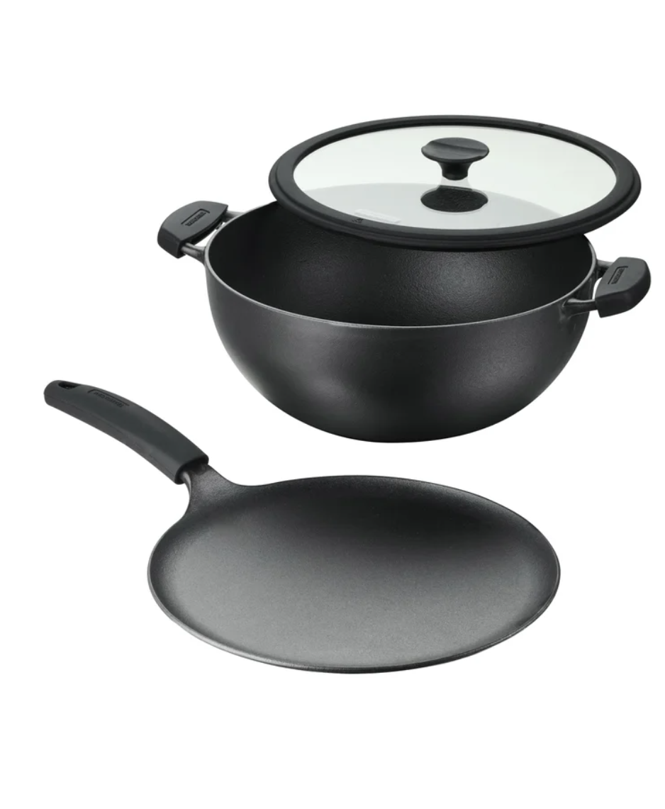 Tramontina Cast Iron Deep Kadai and Flat Tawa Cookware Set, 3-pieces