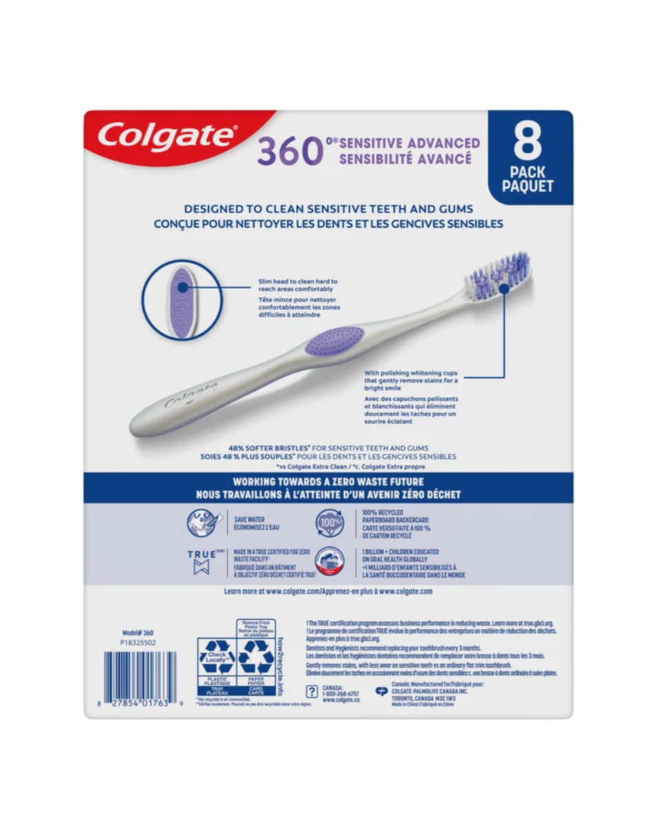 Colgate 360 Sensitive Advanced Gum Toothbrush Pack, 8-pack