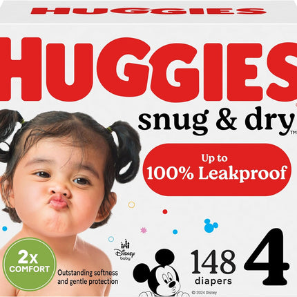 Huggies Size 4 Diapers, Snug & Dry Baby Diapers, Size 4 (22-37 lbs), 148 Count, Packaging May Vary
