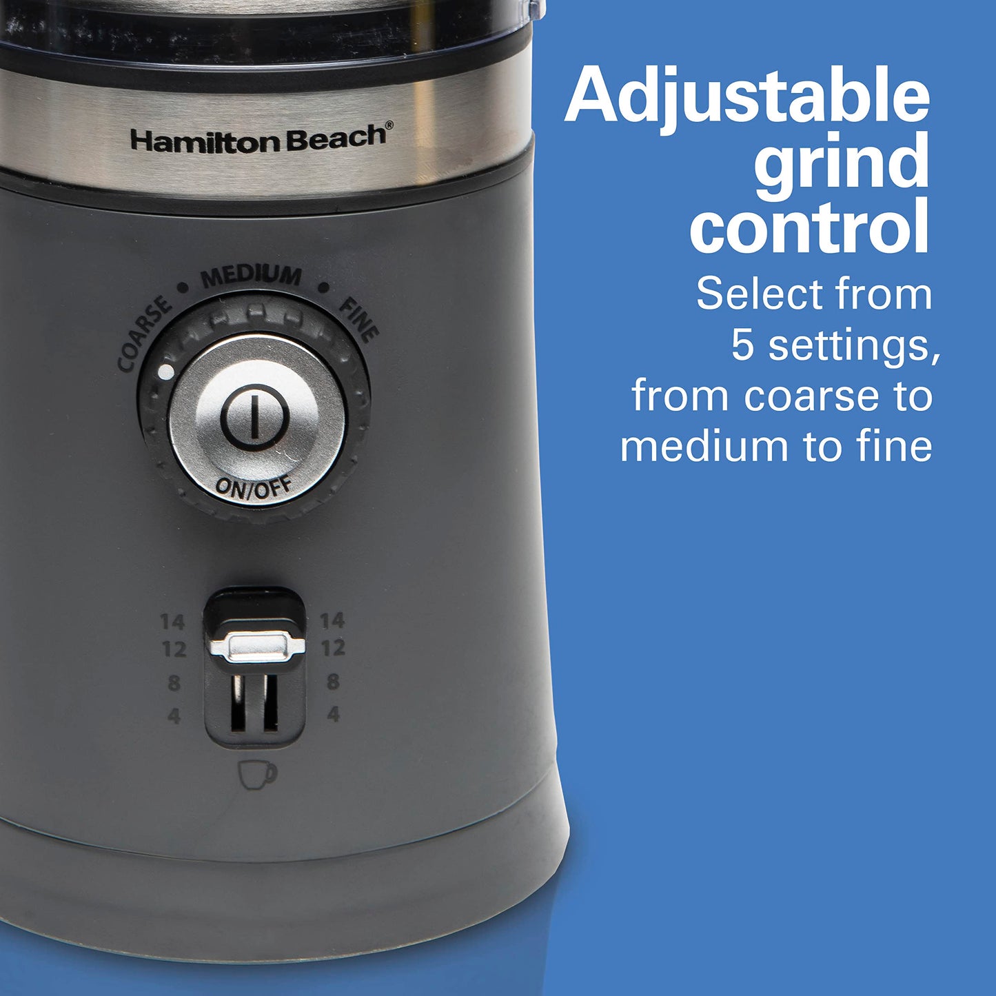 Hamilton Beach 80396C Electric Coffee Grinder for Beans Custom Grind™ Coffee Grinder, Removable Stainless Steel Chamber, Gray