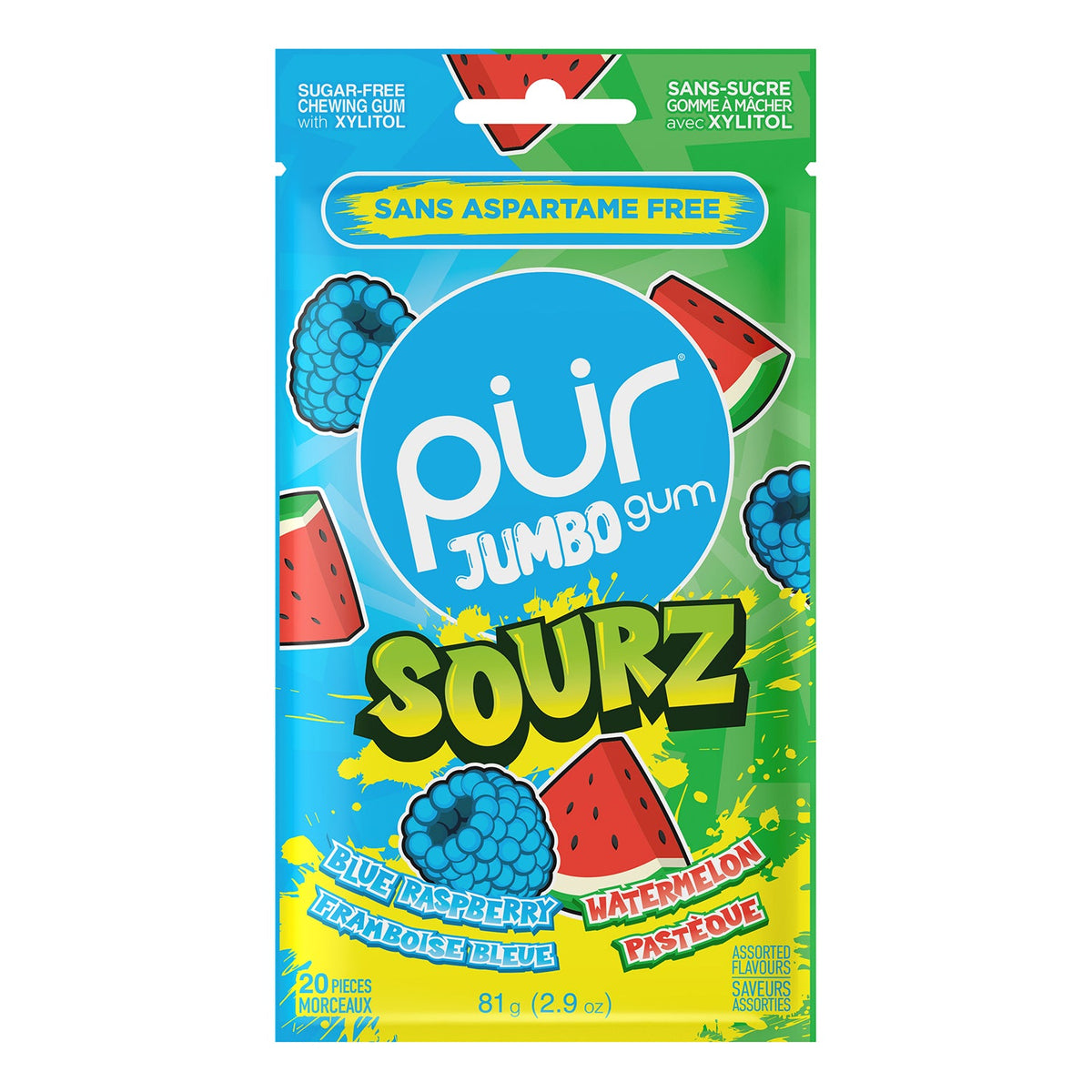 PUR Jumbo Gum Sourz Blue Raspberry Watermelon 10x81 g