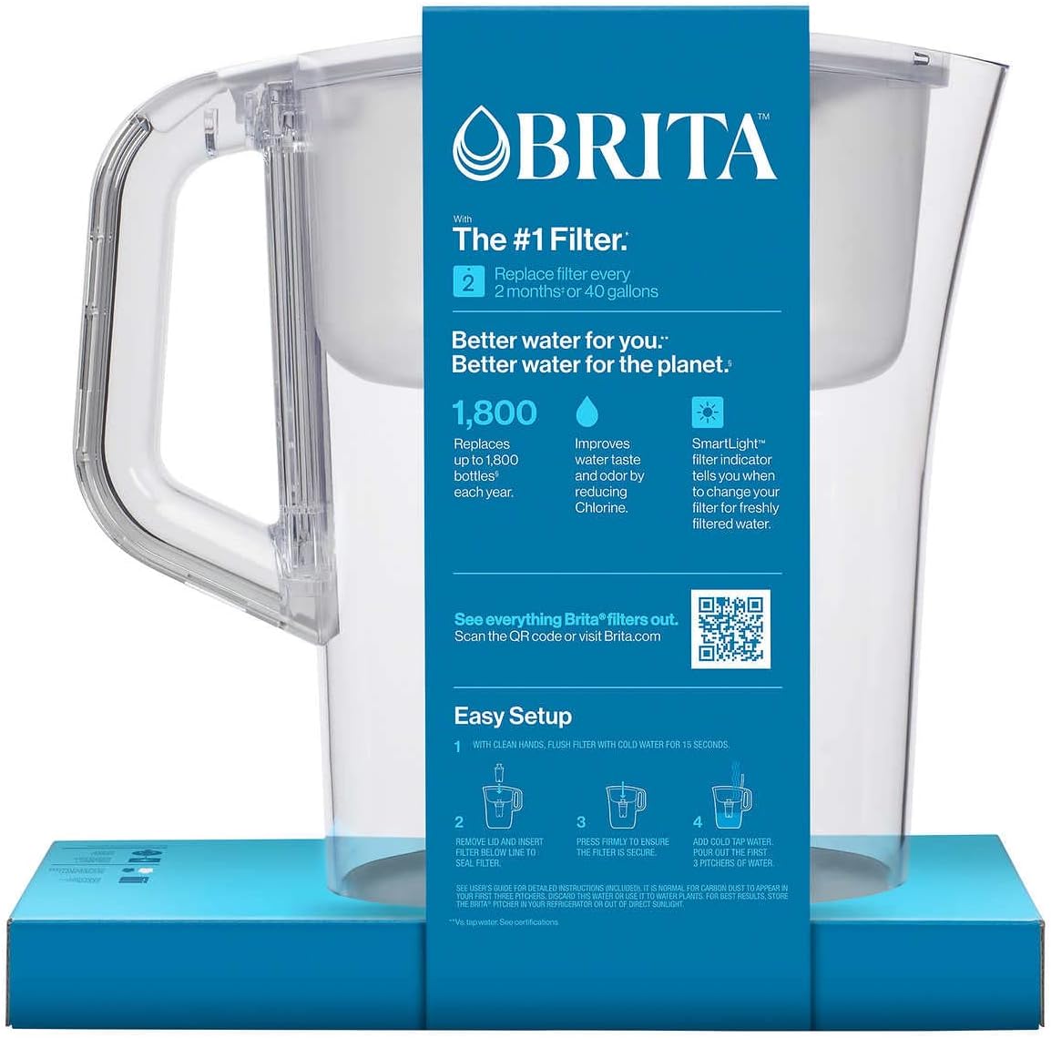 Brita Large 10 Cup Water Filter Pitcher with Smart Light Filter Reminder and 2 Standard Filtes, White
