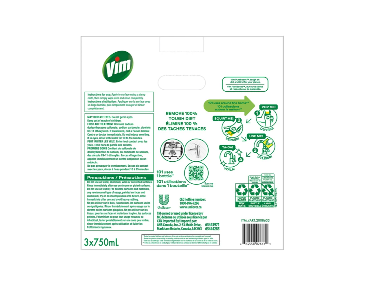 Vim , Cream Cleaner Lemon Scent, 3 × 750 mL , Yellow