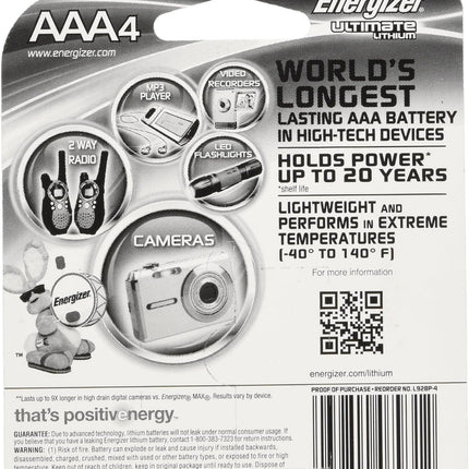 Energizer Ultimate Lithium AAA Batteries, World’s Longest-Lasting AAA Battery in High-Tech Devices (4 pack)