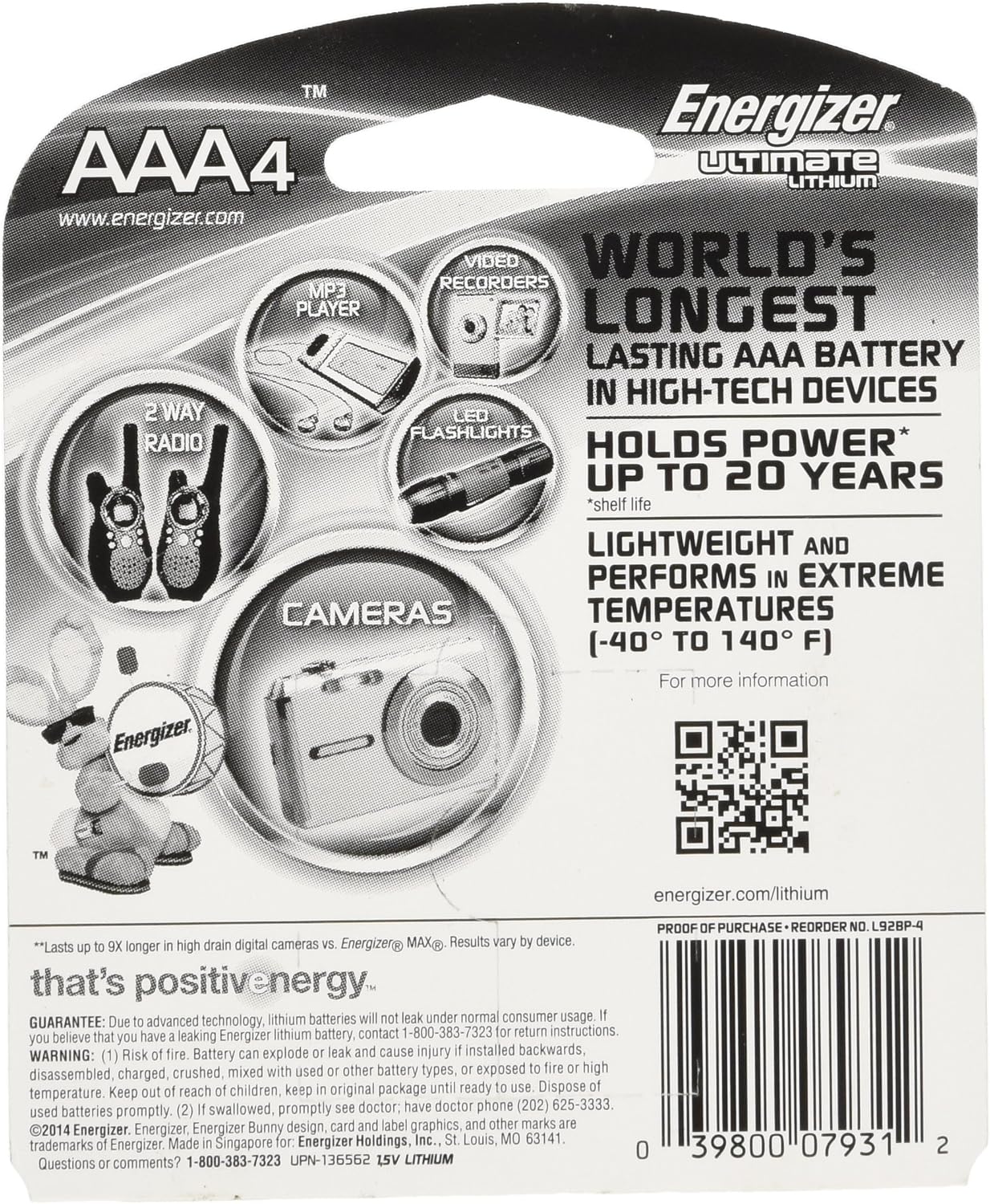 Energizer Ultimate Lithium AAA Batteries, World’s Longest-Lasting AAA Battery in High-Tech Devices (4 pack)