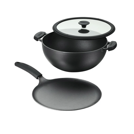 Tramontina , 3-piece Cast Iron 7-quart Deep Kadai & Flat Tawa Cookware Set , Black