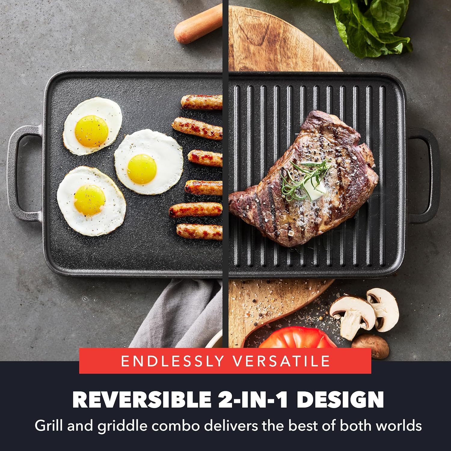 GreenPan x Bobby Flay,Cast Iron Pre-Seasoned 16.75 x 11.4” Reversible Double Burner Griddle, Rectangular Grill, Black