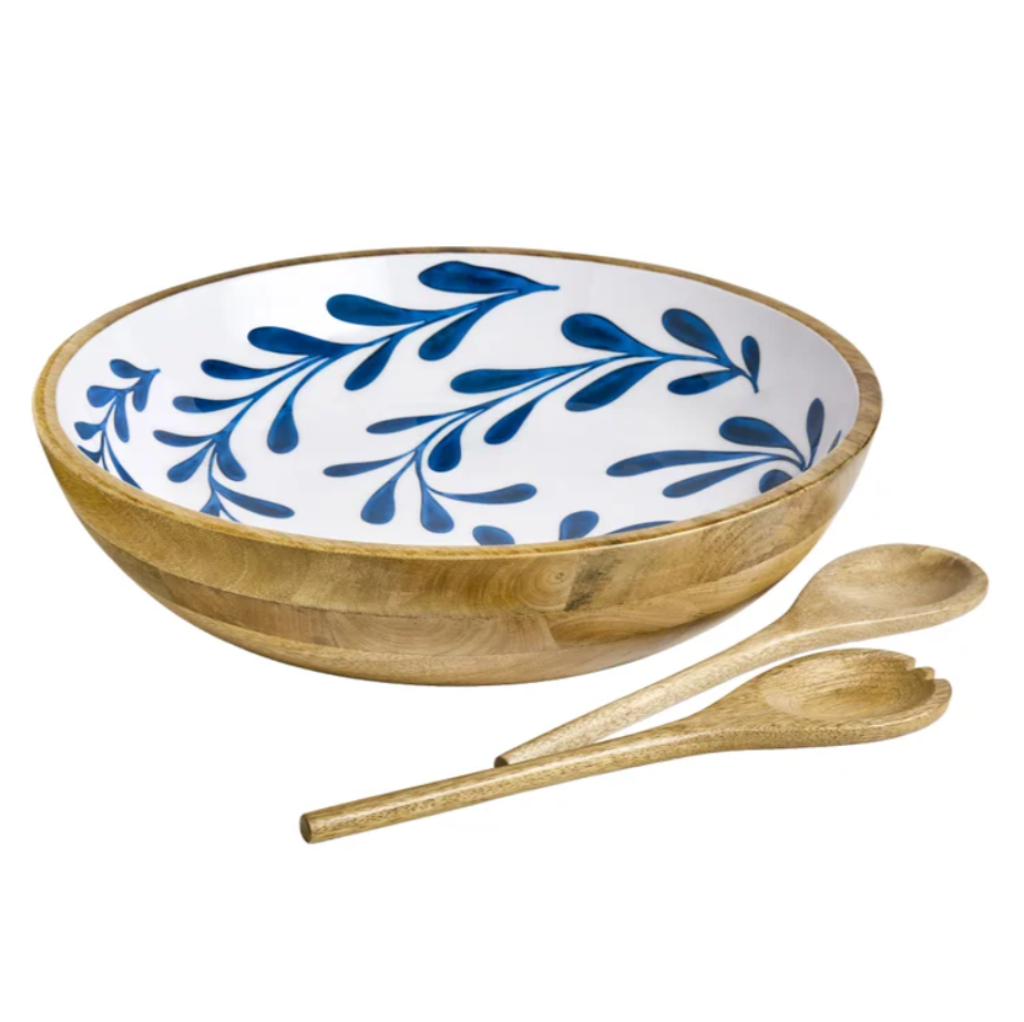 Maison Neuve , Enamelled Mango Wood Salad Bowl & Servers, 44 cm (17.3 in.), Brown