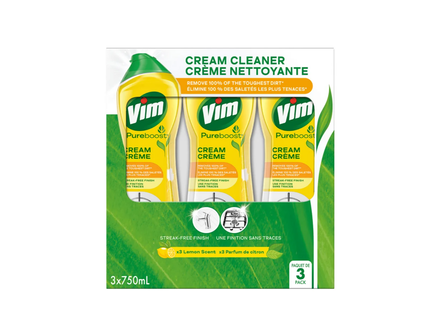 Vim , Cream Cleaner Lemon Scent, 3 × 750 mL , Yellow