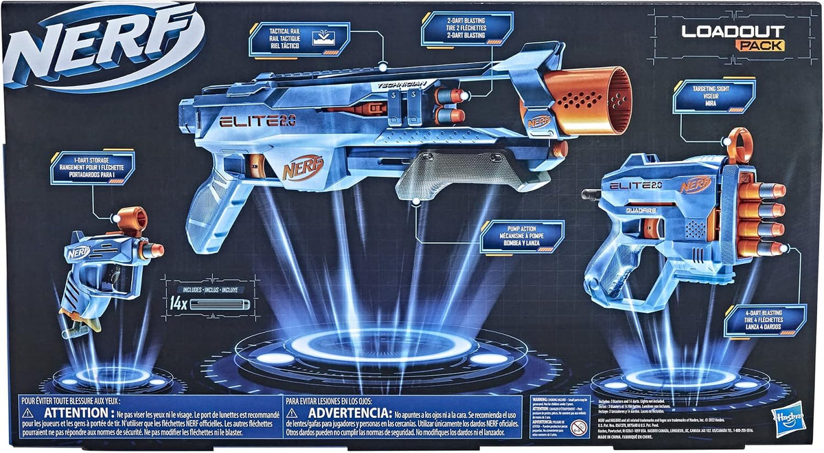 Nerf Elite 2.0 LoaoutPack 3Pack Technician DS-2, QuadFire QS-4 and Ace SD-1 + 14 Arrows F4178