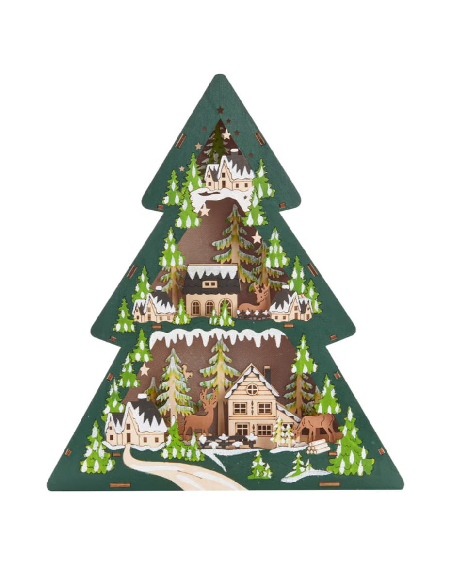 Wooden Holiday Icons with LED lights - Set of 2, Snowflake and Christmas Tree