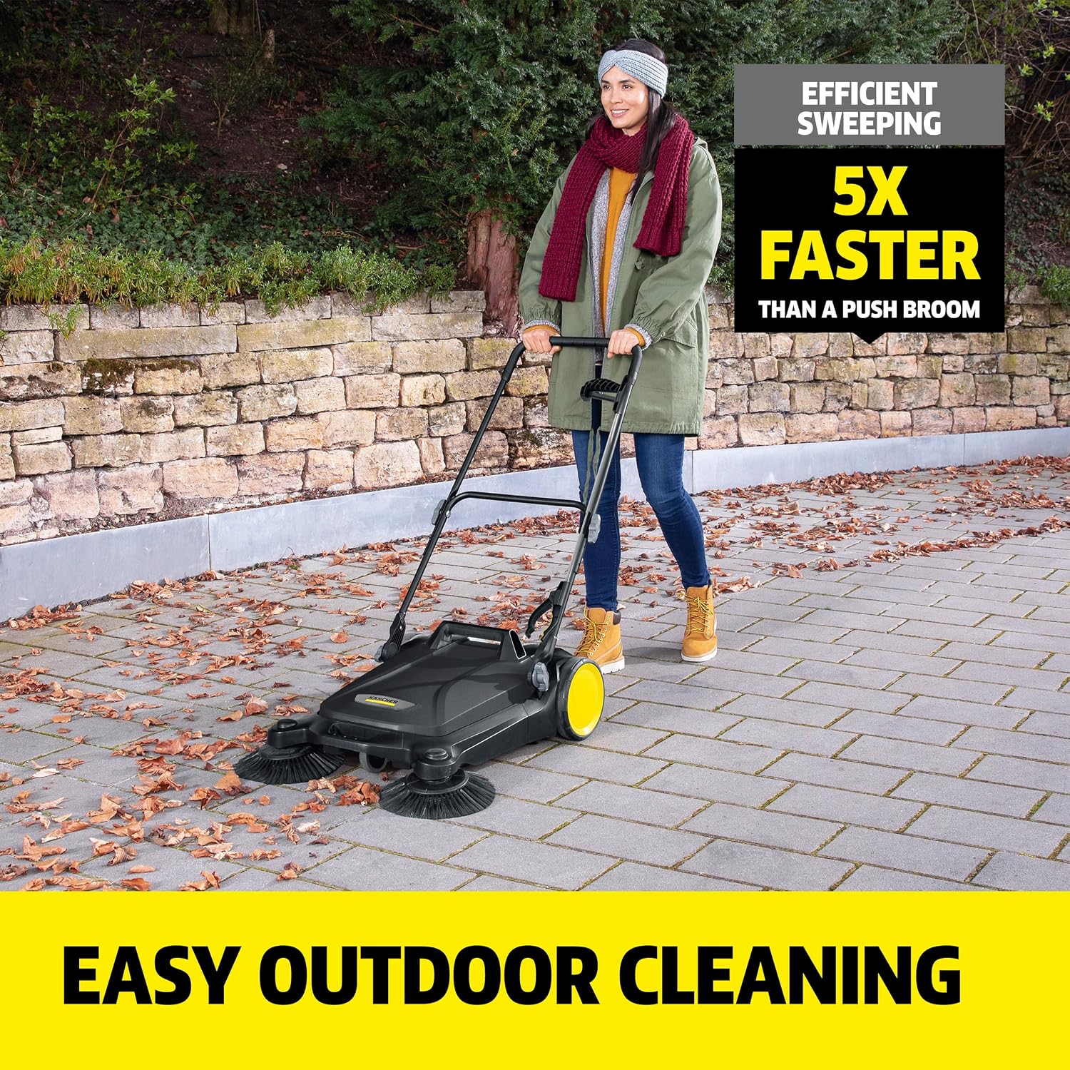Kärcher Walk Behind Outdoor Push Sweeper S 4 Twin Go!Further for Workshops, Sidewalks, Driveways or Garages with Debris Grabber 5.25 Gallon Capacity, 26.8" Sweeping Width