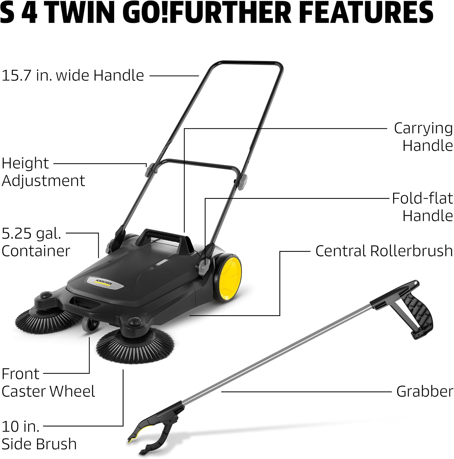 Kärcher Walk Behind Outdoor Push Sweeper S 4 Twin Go!Further for Workshops, Sidewalks, Driveways or Garages with Debris Grabber 5.25 Gallon Capacity, 26.8" Sweeping Width