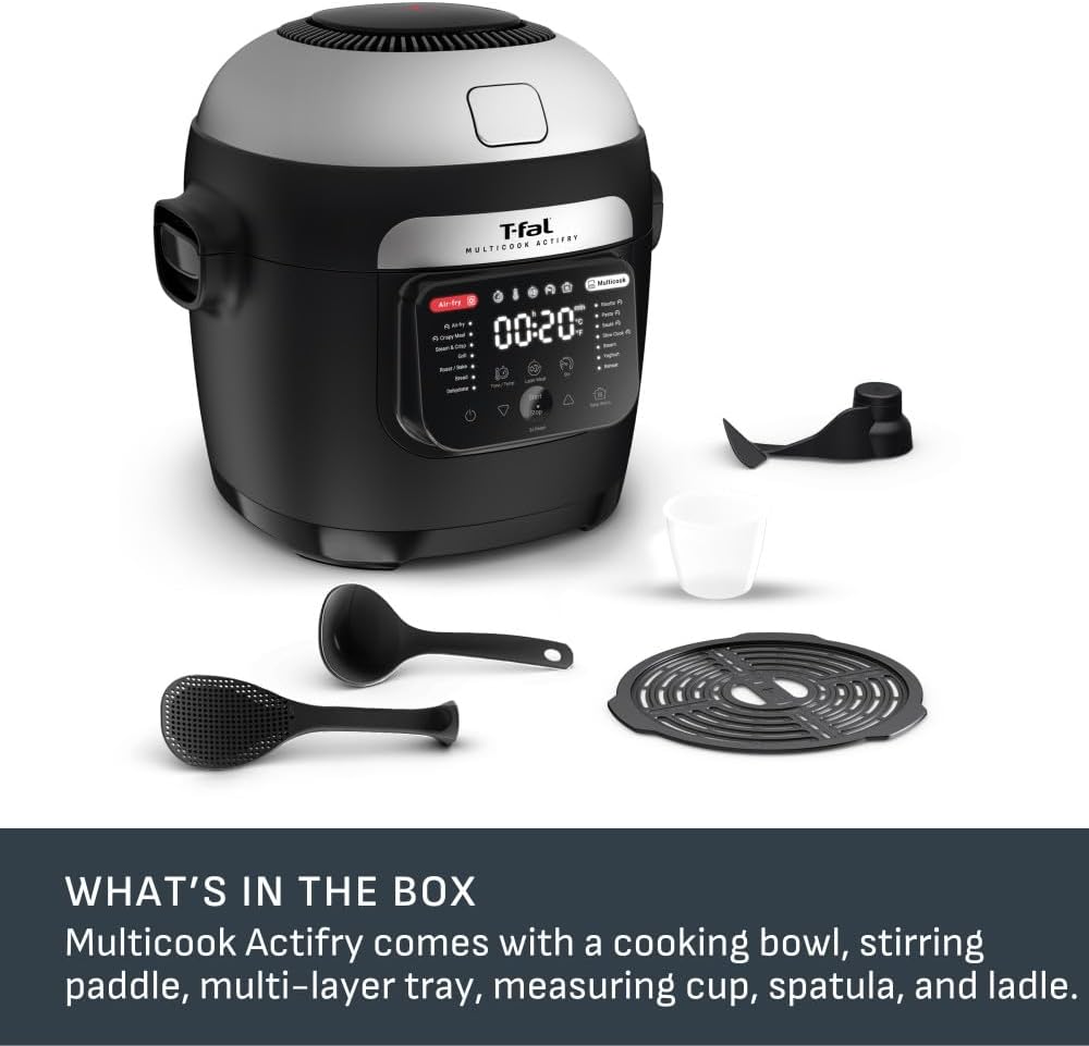 T-fal , Multicook Actifry, Multicooker & Air Fryer with Automatic Stirring Paddle, 6 L / 6.3 Qt. , Chrome