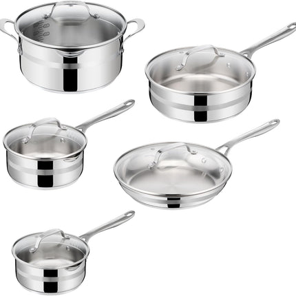 Jamie Oliver by Tefal Cook Smart 10-Piece Stainless Steel Pots and Pans Set, Robust, Fast Heating, Even Cooking, Riveted Handle, Induction Safe, Oven and Dishwasher Safe, Induction Cookware Set
