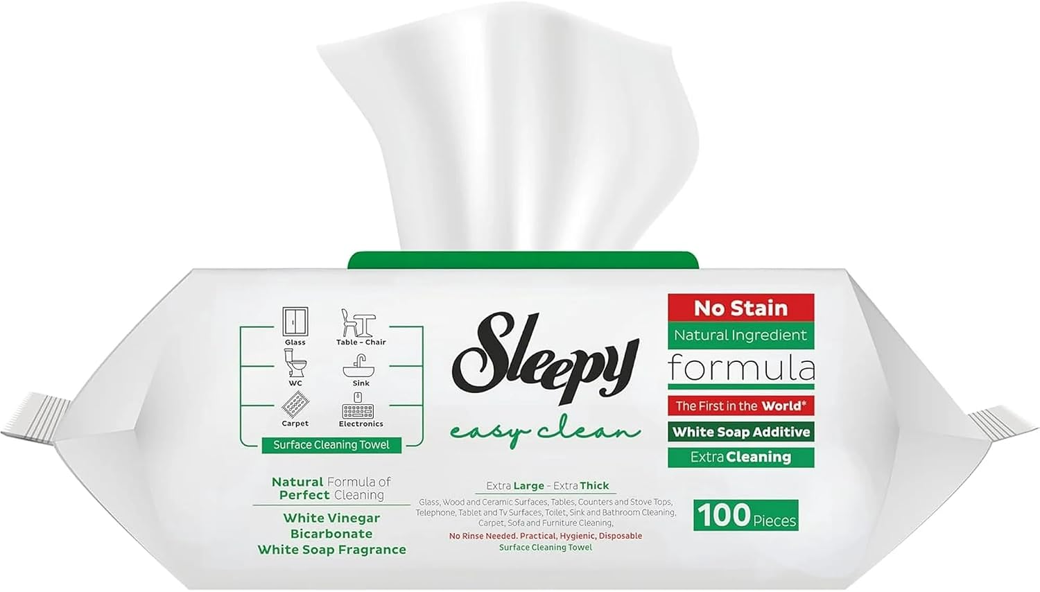 Sleepy Pack of 2, 3 and 6, Easy Clean All Purpose Cleaning Wipes, White Vinegar and Baking Soda Formula, Chemical-Free, 100 Count