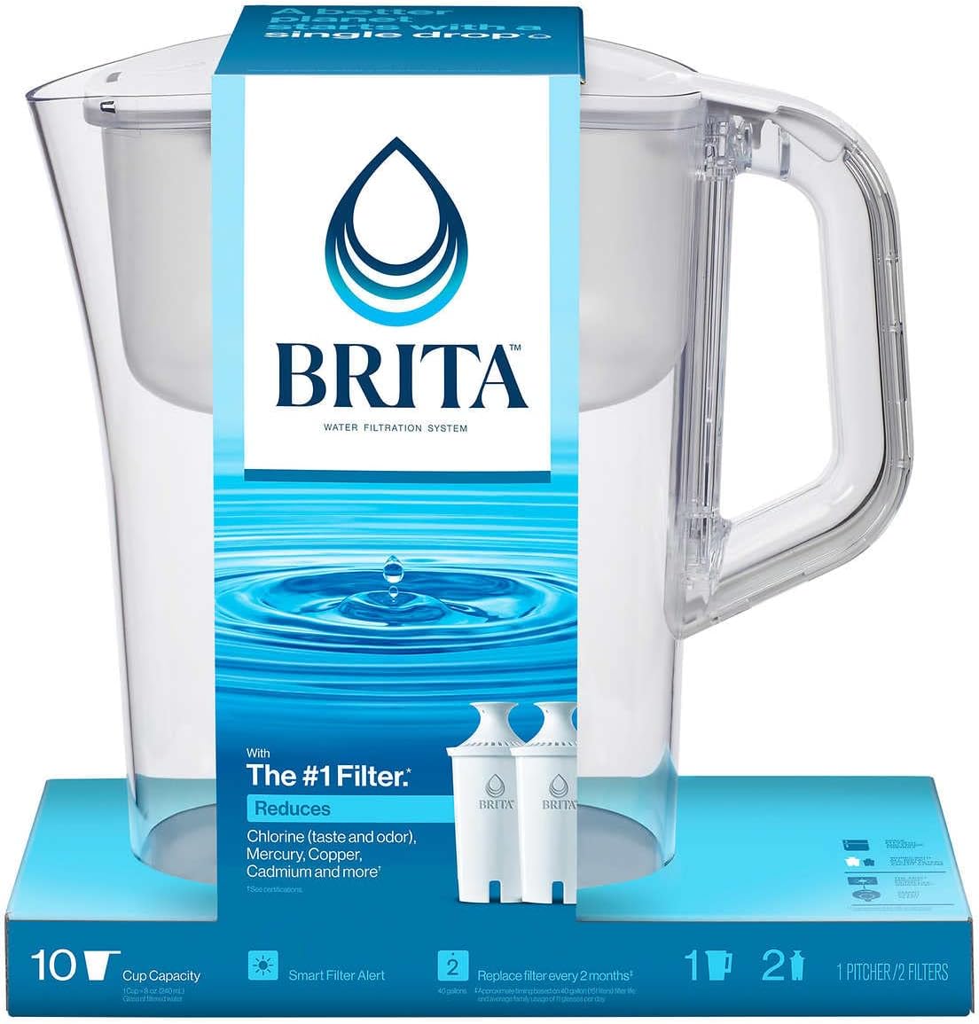 Brita Large 10 Cup Water Filter Pitcher with Smart Light Filter Reminder and 2 Standard Filtes, White
