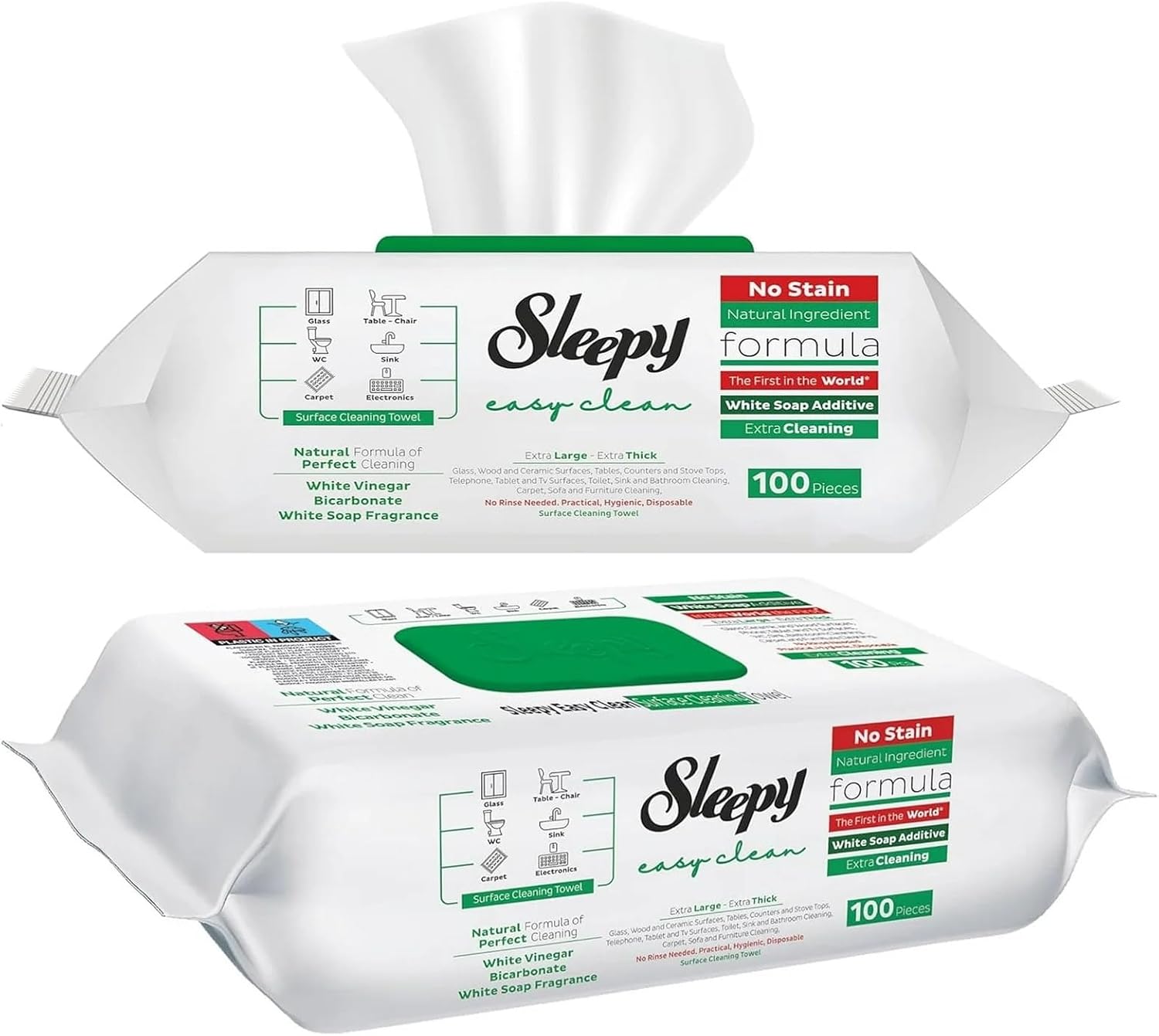 Sleepy Pack of 2, 3 and 6, Easy Clean All Purpose Cleaning Wipes, White Vinegar and Baking Soda Formula, Chemical-Free, 100 Count