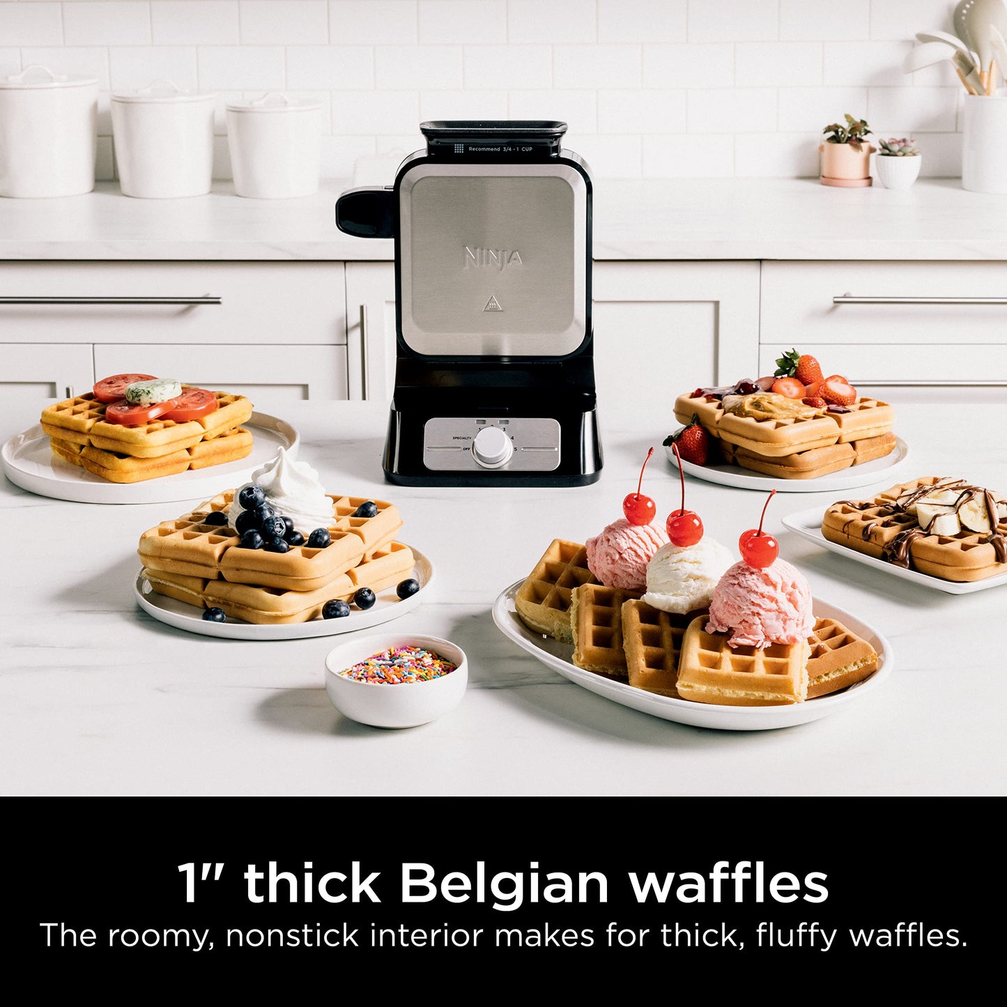 Ninja BW1001 NeverStick PRO Belgian Waffle Maker, Vertical Design, 5 Shade Settings, Black & Silver