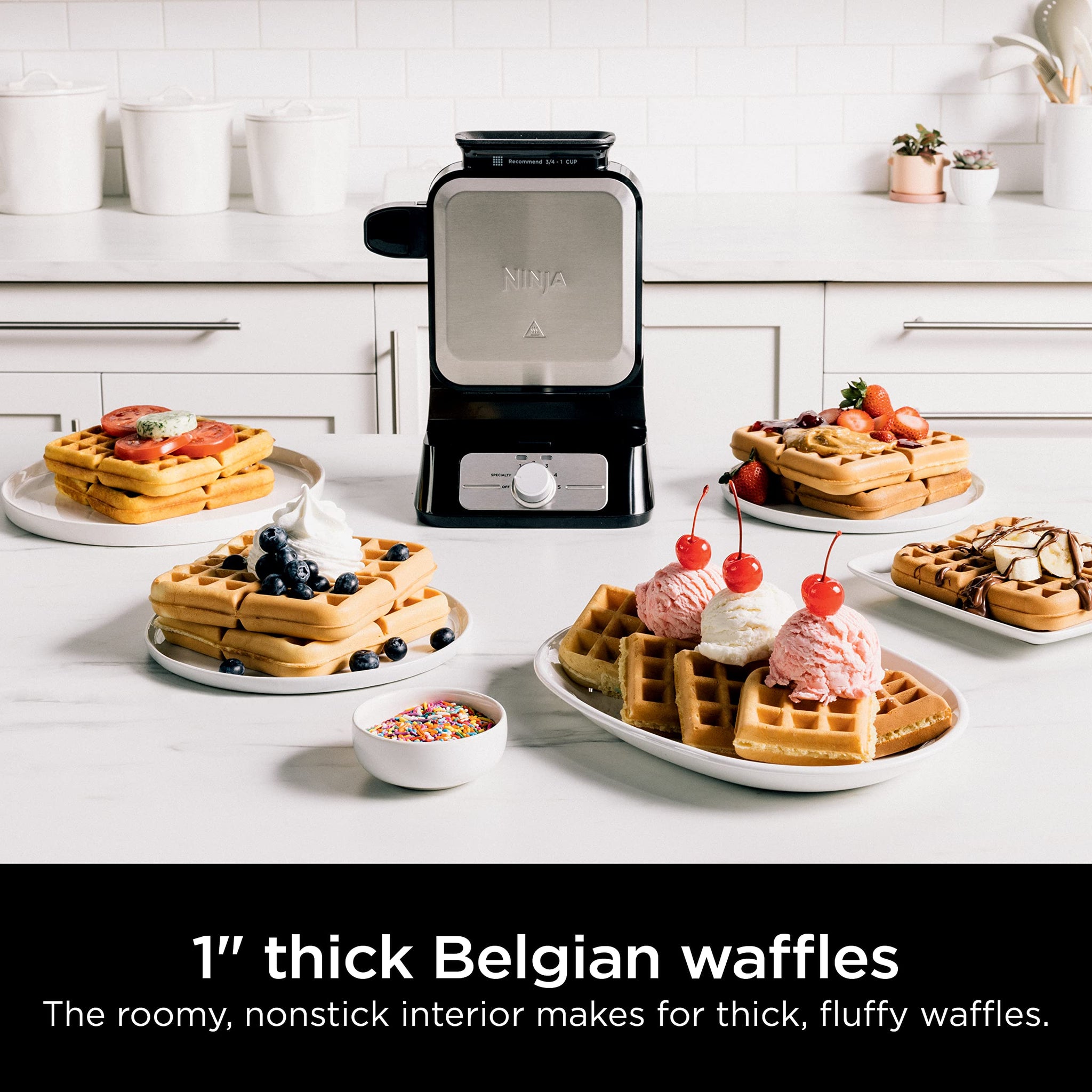 Ninja BW1001 NeverStick PRO Belgian Waffle Maker, Vertical Design, 5 Shade Settings, Black & Silver