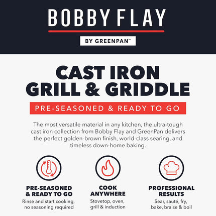 GreenPan x Bobby Flay,Cast Iron Pre-Seasoned 16.75 x 11.4” Reversible Double Burner Griddle, Rectangular Grill, Black