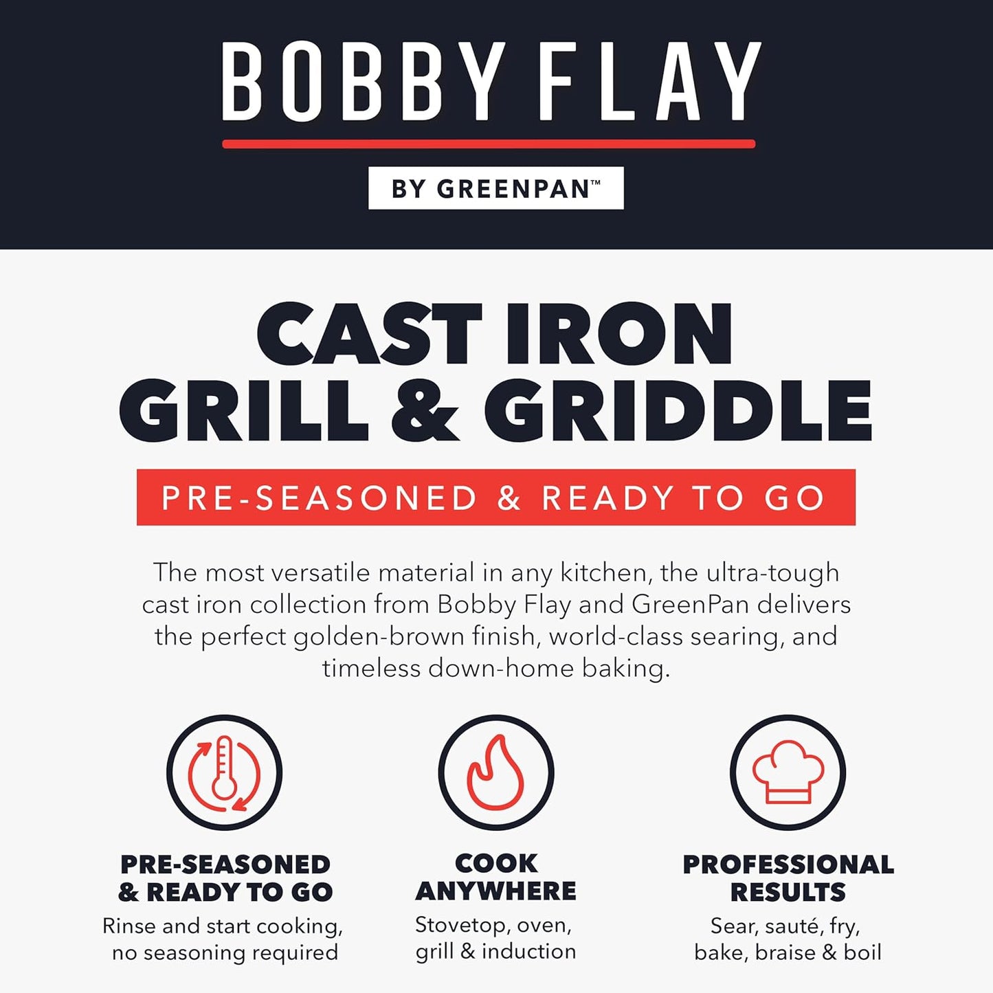 GreenPan x Bobby Flay,Cast Iron Pre-Seasoned 16.75 x 11.4” Reversible Double Burner Griddle, Rectangular Grill, Black