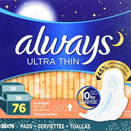 Always Ultra Thin Overnight Pads With Wings, Unscented, 76 Count