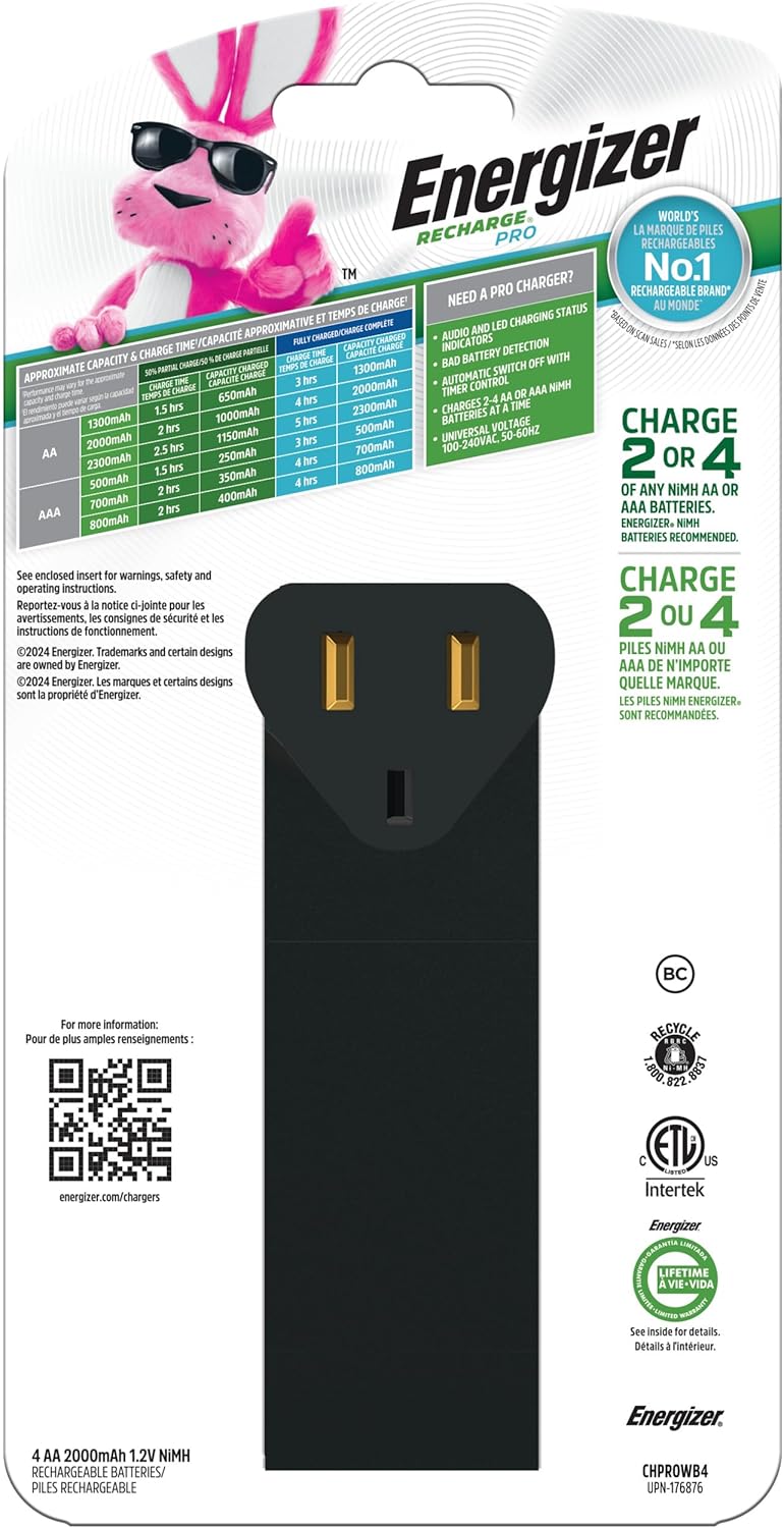 Energizer AA and AAA Battery Charger with 4 AA NiMH Rechargeable Batteries, Recharge Pro Battery Charger for Double A Batteries and Triple A Batteries