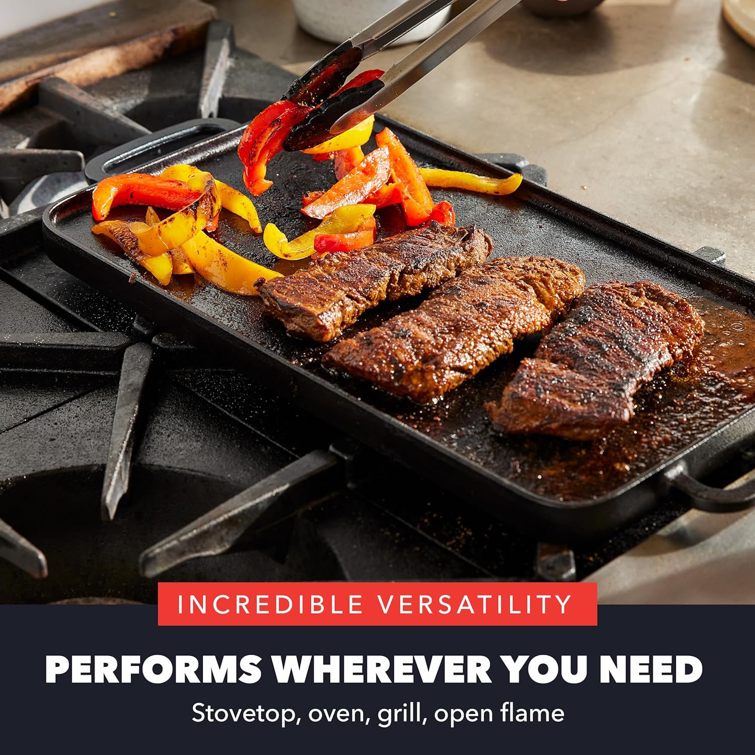 GreenPan x Bobby Flay,Cast Iron Pre-Seasoned 16.75 x 11.4” Reversible Double Burner Griddle, Rectangular Grill, Black