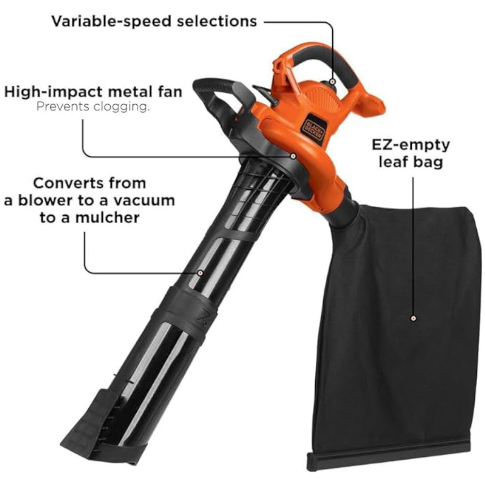 BLACK+DECKER BV6600 3-in-1 Electric Leaf Blower-Refurbished with Full Manufacturer Warranty