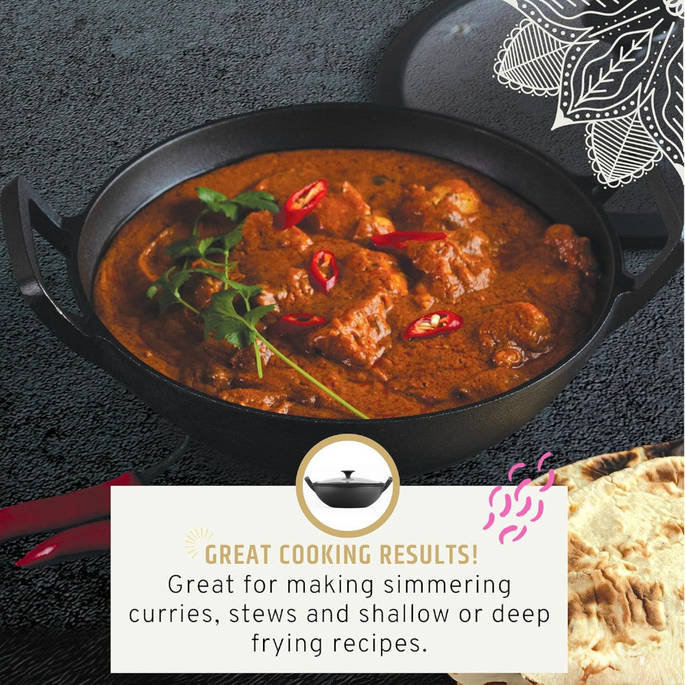 MAHARAJA T211K01 Cast Iron Karahi 26cm with Glass lid