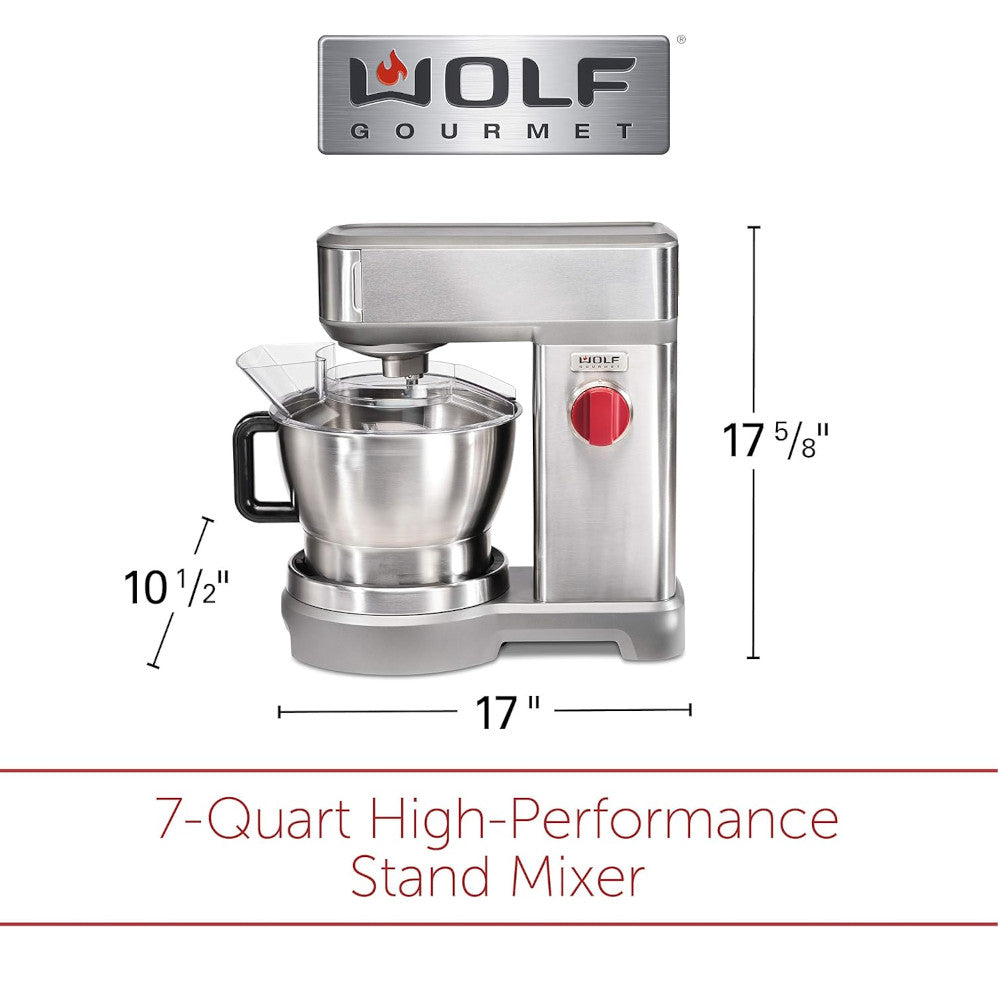 Wolf Gourmet High-Performance Stand Mixer WGSM100S 7-Quart Brushed Stainless Steel- Refurbished with Home Essentials Warranty