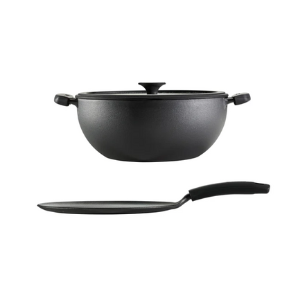 Tramontina , 3-piece Cast Iron 7-quart Deep Kadai & Flat Tawa Cookware Set , Black